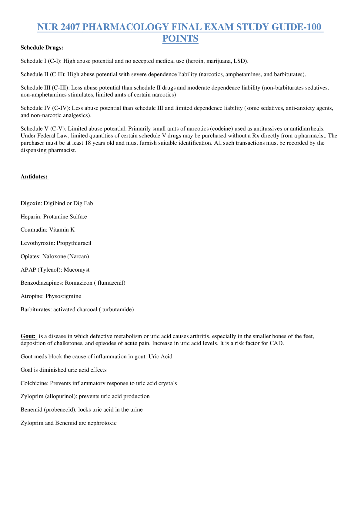 Preview image of NUR 2407 PHARMACOLOGY FINAL EXAM STUDY GUIDE-100 POINTS document